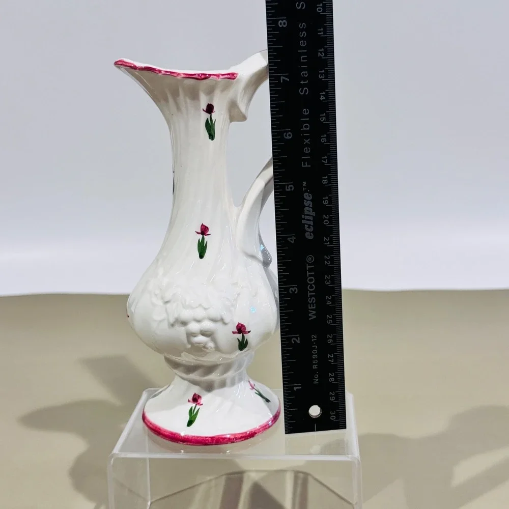 Vintage White Pitcher W Hand Painted Red Flowers Bud Flower Vase Scalloped‎ Rim